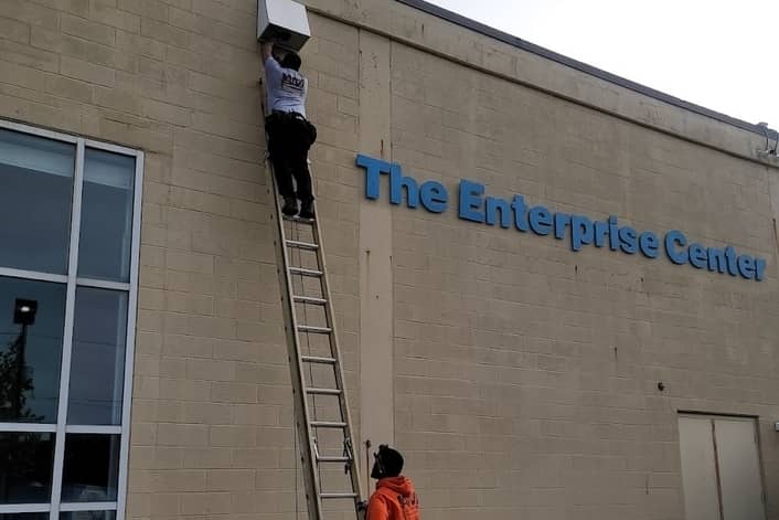 installed outdoor wall pack lighting at The Enterprise Center